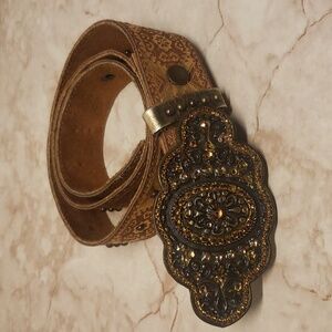 Cache brown and gold metal studs big metal rhinestone buckle women's belt size S